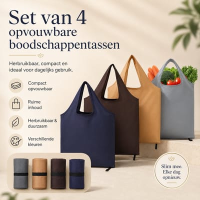 Arvion Opvouwbare boodschappentas 4 stuks - 56x69 cm - Herbruikbare milieuvriendelijke tassen voor winkelen, picknick en camping - Kaki, Blauw, Koffie, Grijs
