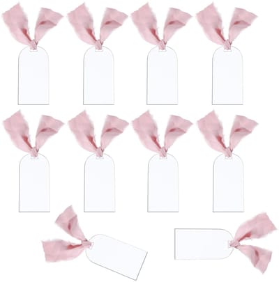 Dailygoods- Plaatskaarten Transparant - 10 Stuks - Acryl - Cadeaulabels - Bruiloft/Diner - Tafelschikking - Lichtroze Linten - 4,5 x 9 cm - Naamkaartjes