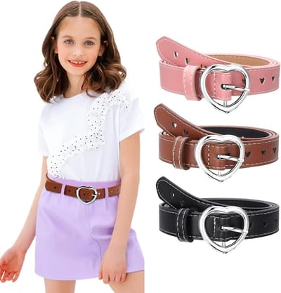 Meisjesriem Set van 3 - Verstelbare Leren Riem met Hartgesp voor Kinderen van 10 Jaar - Perfect voor Jeans en Kleding