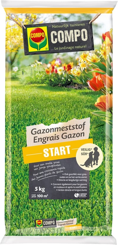 COMPO Gazonmeststof Start - de ideale lenteboost voor het gazon - lange werking - zak 5 kg (100 m²)
