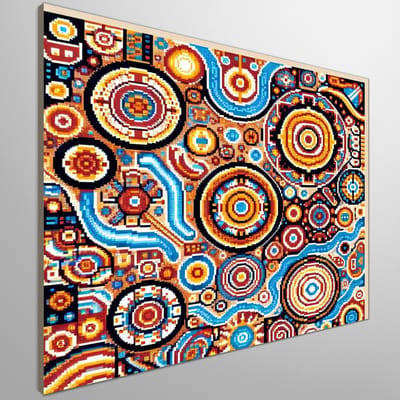 Pixel art aboriginal schilderij | Primitieve Pixelkunst: Een Moderne Ode aan Inheemse Tradities | Kunst - 40x40 centimeter op Canvas | Foto op Canvas