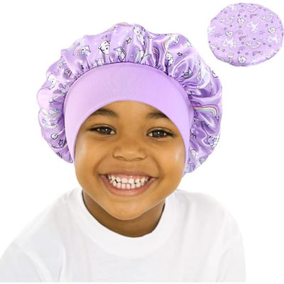 Cartoon Baby Kinderen Print Satijnen Slaapmuts Hoed voor Krullend Haar Verstelbare Zijdezachte Satijnen Muts voor Peuters Nacht Slaapmutsen Muts One Size lichtpaarse kleur