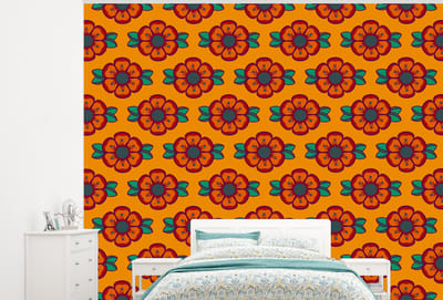 Behang - Fotobehang Design - Retro - Rozen - Oranje - Breedte 300 cm x hoogte 240 cm