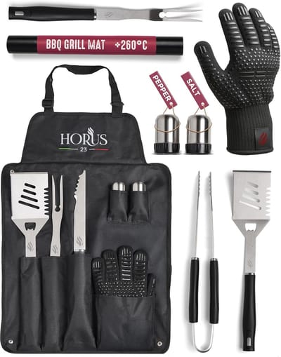 Thijox - Horus23 Barbecue Set met RVS BBQ Accessoires, Hittebestendige Handschoen, Oxford Schort met Vakken en Grillmat voor Tuin, Camping en Feesten