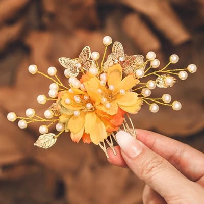 Haar Kam Bloem - Bruidshoofddeksel - Bruiloft Versieren - Handgemaakt Ontwerp - 13 x 7.5 cm - Goud