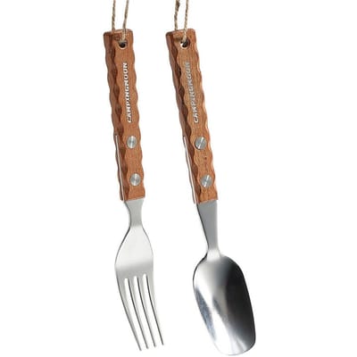 Outdoor Camping Picknick BBQ Roestvrijstalen Bestekset Anti-verbranding Houten Handvat Vork en Lepel Kit