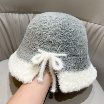 Chapeau de pêcheur pelucheux chaud à ouverture pour femmes Automne et Hiver Chapeau seau M（56-58cm） grise