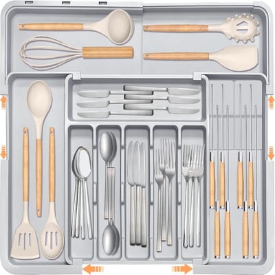 Bestek Lade Organisator, Uitbreidbare Bestekbak met Verwijderbaar Messenblok, Bestekbak voor Laden, Zilverwerk Organizer, Verstelbare Besteklade, Organizer voor Keuken (Grijs)