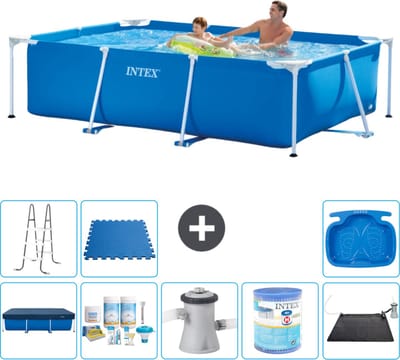 Intex Rechthoekig Frame Zwembad - 260 x 160 x 65 cm - Blauw - Inclusief Afdekzeil - Onderhoudspakket - Zwembadfilterpomp - Filter - Solar Mat - Ladder - Voetenbad - Vloertegels - 9-delig