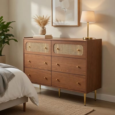 Komhtom - Rotan ladekast met 6 lades - Dressoir en highboard in notenhout - Voor slaapkamer en woonruimtes - 120×40×90 cm
