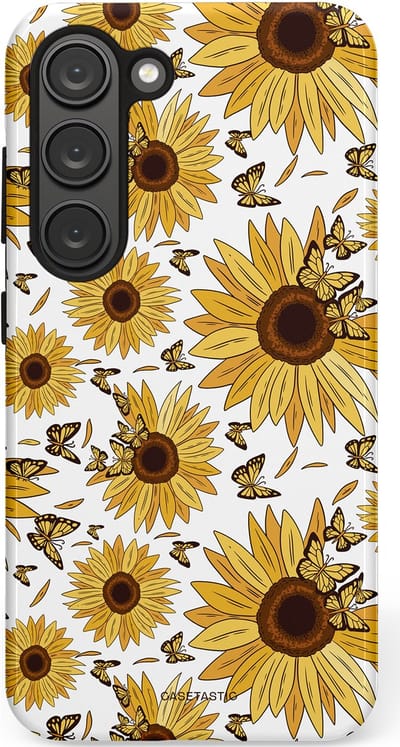 Casetastic Hoesje Geschikt voor Samsung S23 - Stijlvolle Beschermende Duo-layer Case - Zonnebloem Zomer met vlinders