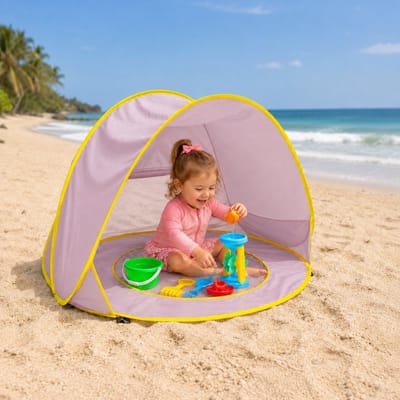 Torngat Baby Strandtent met Zwembad – Pop Up Babytent & Kinder Speeltent met UV 50+ Bescherming – Schaduw Boven je Baby, Water of Zand bij de Voetjes – Strandtentje voor Baby, Strand, Tuin, Balkon, Camping & Vakantie – Pastel Lila-Roze – Opvouwbaar
