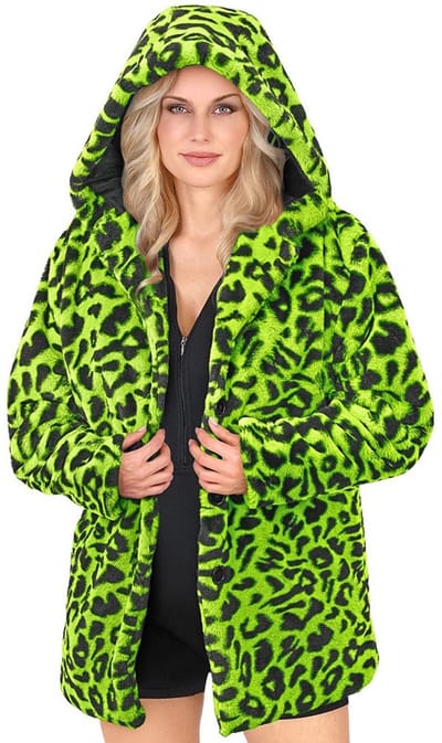 Bontjas met Kap Pluche Luipaard Neon Groen - Maat XXL