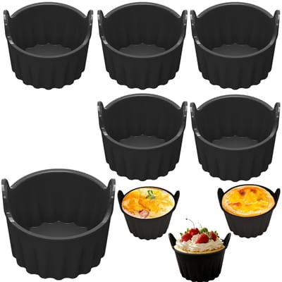 Set van 6 bakvormpjes – Cakevormen – Puddingvormen – Siliconen vormen – Airfryer accessoires – Ontwerp met dubbel handvat – Voor cupcakes, puddingen, desserts, gefrituurde gerechten (9 x 6,8 cm – Zwart)