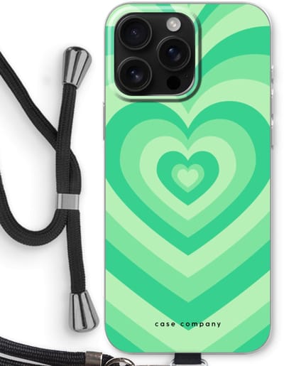Case Company® - Hoesje met koord geschikt voor iPhone 16 Pro Max hoesje met Koord - Hart Groen - Telefoonhoesje met Zwart Koord - Bescherming aan alle Kanten en Over de Schermrand