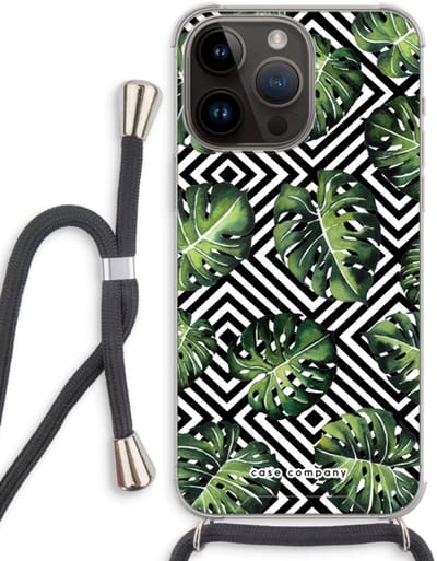 Case Company® - Hoesje met koord geschikt voor iPhone 14 Pro Max hoesje met Koord - Geometrische jungle - Telefoonhoesje met Zwart Koord - Bescherming aan alle Kanten en Over de Schermrand
