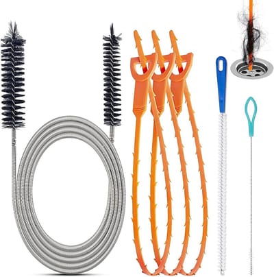 6 Delige Afvoer Ontstopper - Verstopte Afvoer Oplosser - Verstopping Verhelpen - Flexibel RVS Nylon - Tot 155 cm - Grijs