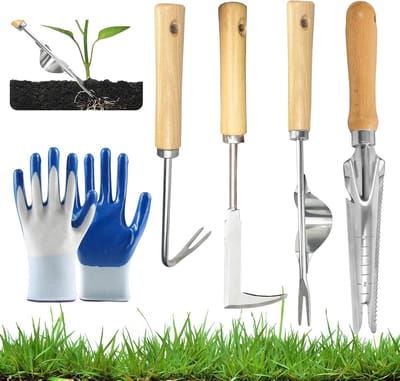Professionele tuingereedschapset van 5 delen met roestvrijstalen handvaten en nylon handschoenen voor onkruidbestrijding en planten in de tuin