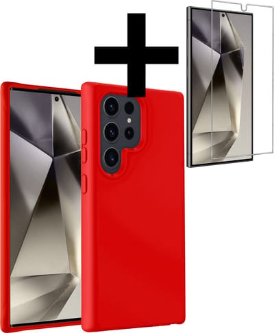 Hoesje - Met Screenprotector - Geschikt voor Samsung Galaxy S24 Ultra - Sterk & Shockproof - Back Cover - Siliconen Case - Telefoon Hoes - Telefoonhoesjes - Rood