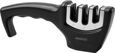 Phreeze Messenslijper en Scharenslijper - 4-in-1 Handmatige Messen Slijper - 3 Slijpfasen (Diamant, Wolfraam, Keramisch) - Ergonomische Grip & Antislip - Met Handvat