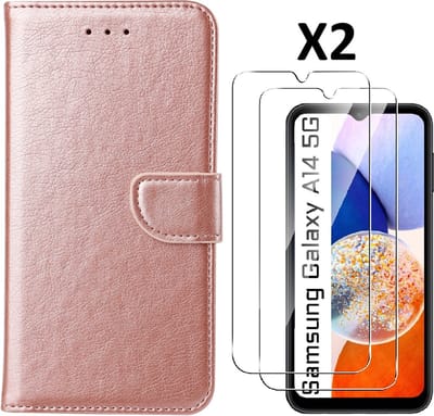 Hoesje Geschikt Voor Samsung Galaxy A14 5G /4G Hoesje met Pasjeshouder - bookcase Portemonnee – Met 2x Screenprotector / gehard glas – Rosegoud