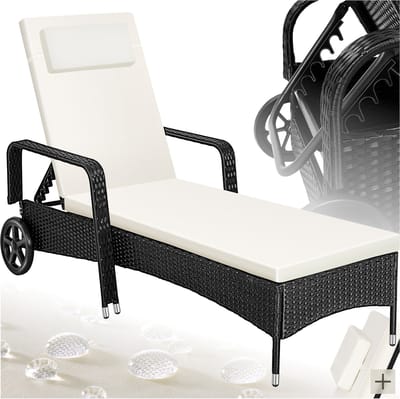 tectake® Wicker Ligbed - Compact Rubberen Wielen - Armleuningen - Rugleuning Verstelbaar in 6 standen - Tuinstoel Incl. lig- en hoofdkussen - Weerbestendig Zonnebed - Zwart/Beige