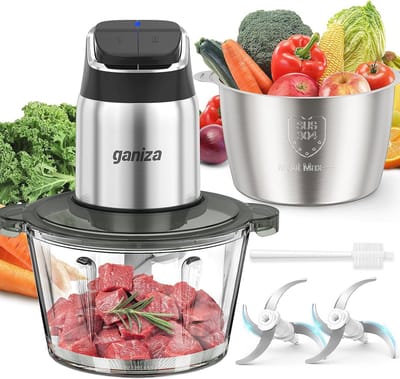 Foodprocessor en vleesmaler met glazen en roestvrijstalen kommen, 450W motor en oververhittingsbeveiliging
