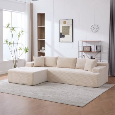 Modulaire compressiebank met chaise longue - Ivoorwit Chenille stof - Wolkachtig comfort - Gevuld met 30D hoog-elastisch schuim, antislipbodem, inclusief kussen - Geschikt voor woonkamer, slaapkamer en thuiskantoor