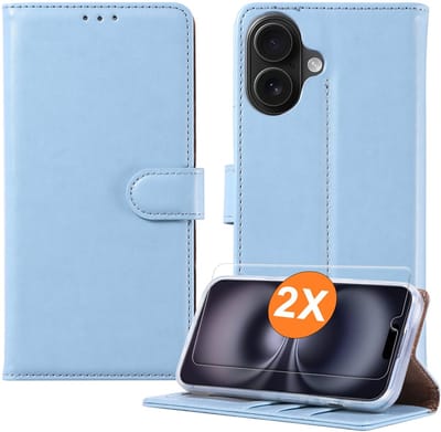 Hoesje geschikt voor iPhone 16 hoesje Blauw pasjeshouder telefoon hoes - Met screenprotector tempered glass voor iPhone 16 - 2x
