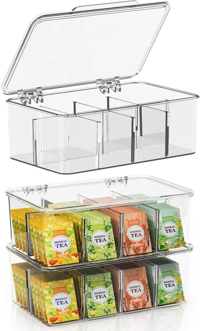 EXCITAT Opbergdozen - Theezakjesorganizer - Stapelbaar - Plastic theezakjeshouder - Geschikt voor slaapkamer, woonkamer, keuken, badkamer - Doorzichtig