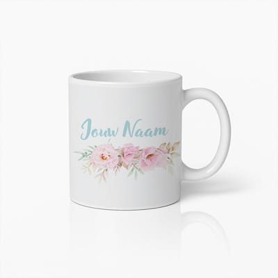 Gepersonaliseerde Bloemenmok met Naam – Elegante Keramische Koffiebeker met Zachte Roze Rozen