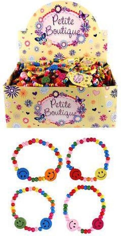 144 Stuks - Vrolijke Smiley Houten Kinder Armbanden - In Display - Uitdeelcadeautjes - Traktatie voor kinderen - Meisjes
