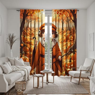 2 stuks HD Esdoornblad Bos Prins Jack-o '-lantern gordijn met stok in de hand Gele Stropdas digitaal bedrukt gordijn Huisdecoratie sty W52H63inchW132H160cm orange
