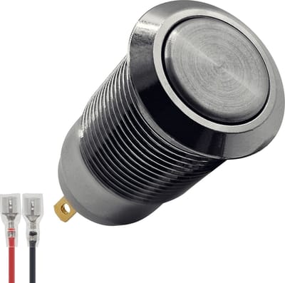 ProRide Metalen Mini Pulsschakelaar 12V OFF-(ON) - 12mm - met Aansluitkabel - 12V/24V - Zilver - Plat