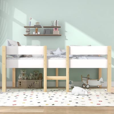 Gutent Kinderbed, Wit en Eiken (Zonder matras), Kinderbed met valbescherming, massief grenen, 90x200 cm