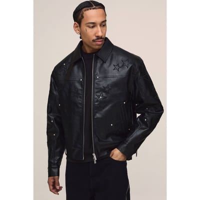 PU Star Applique Harrington Jacket | Black | Size XS