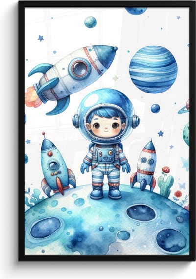 Poster in lijst - Fotolijst 60x90 cm - Posters - Ruimte - Blauw - Astronaut - Raket - Planeten - Posterlijst zwart - Kamer decoratie - Wanddecoratie kinderkamer - Muurdecoratie babykamer