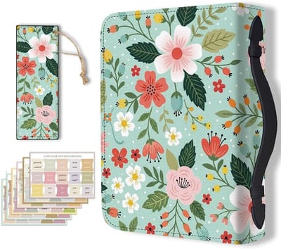 Bijbeltas PU lederen bijbelhoes met bladwijzer en bloemenprint, 20 x 28 x 6 cm, stijlvolle draagtas voor vrouwen en mannen, ideaal voor christelijke notitieboeken en studie.