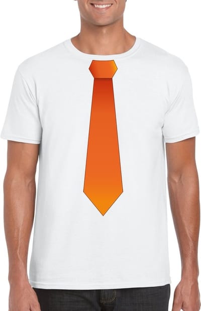 Wit t-shirt met oranje stropdas heren - Oranje Koningsdag/ Holland supporter kleding S