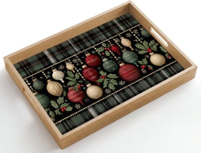 Dienblad hout 50x35 cm - Schootdienblad - Kerstballen - Rood - Hulsttakken - Patroon - Borrelplank rechthoek - Plateau dienbladen
