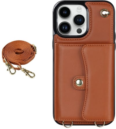 Hoesje geschikt voor iPhone 16e - Backcover - Koord - Pasjeshouder - Portemonnee - Kunstleer - Bruin