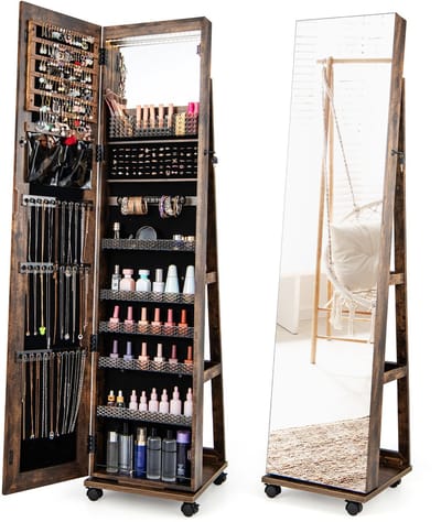 Costway Sieradenkast met wieltjes, spiegelkast, afsluitbaar met ledlampen en verstelbare planken, staande spiegel, sieradenrek, full-body-spiegel, voor kettingen, oorbellen, make-up, rustiek bruin