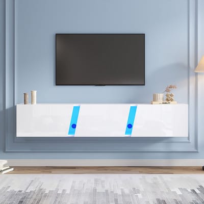Pugsdrly 180 x 35 x 30 cm, wand-tv-meubel, laag tv-meubel met led-lampen, tv-meubel met 3 deuren, geschikt voor tv's van 75 inch, glanzend tv-meubel, wit