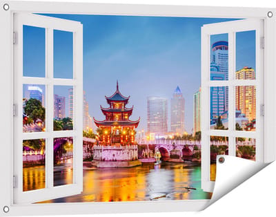 Gards Tuinposter Doorkijk Rivier bij Stad Guiyang in China - 90x60 cm - Tuindoek - Tuindecoratie - Wanddecoratie buiten - Tuinschilderij