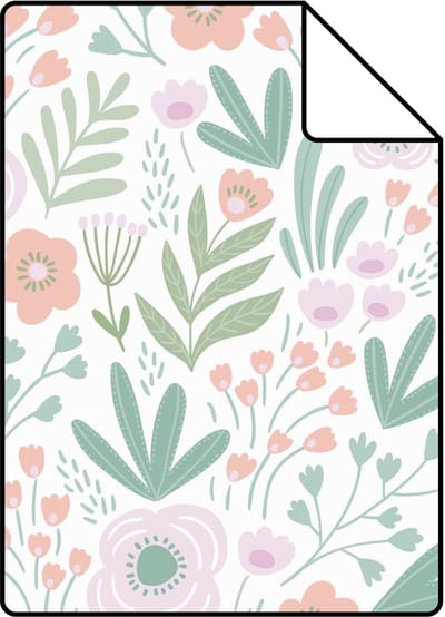 Proefstaal ESTAhome behang bloemetjes groen, oranje en lila paars - 26.5 x 21 cm - 131064-S