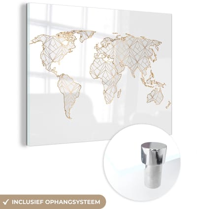® Glasschilderij 160x120 cm - Schilderij acrylglas - Wereldkaart - Lijnen - Goud - Foto op glas - Muurdecoratie woonkamer - Wanddecoratie slaapkamer - Schilderijen