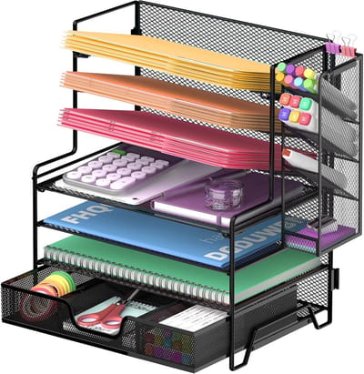 7-laags Bureau File Organizer met Pen Houder en Lades voor Kantoor en Thuis, Metalen Desktop Organizer in Zwart