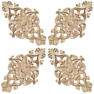 Set van 4 Houten Decoratieve Applicaties voor Meubel- en Deurdécoratie - Onbehandeld, 5.9x4.1x0.3 Inch, Perfect voor Houtbewerking en Creatieve Projecten