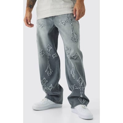 Baggy Rigid Washed Grey Cross Applique Jeans | Light Grey | Size 28R