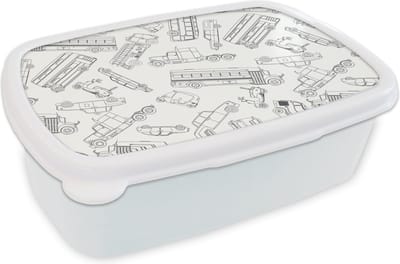 Broodtrommel Wit - Lunchbox - Brooddoos - Patronen - Auto - Vrachtwagen - 18x12x6 cm - Volwassenen